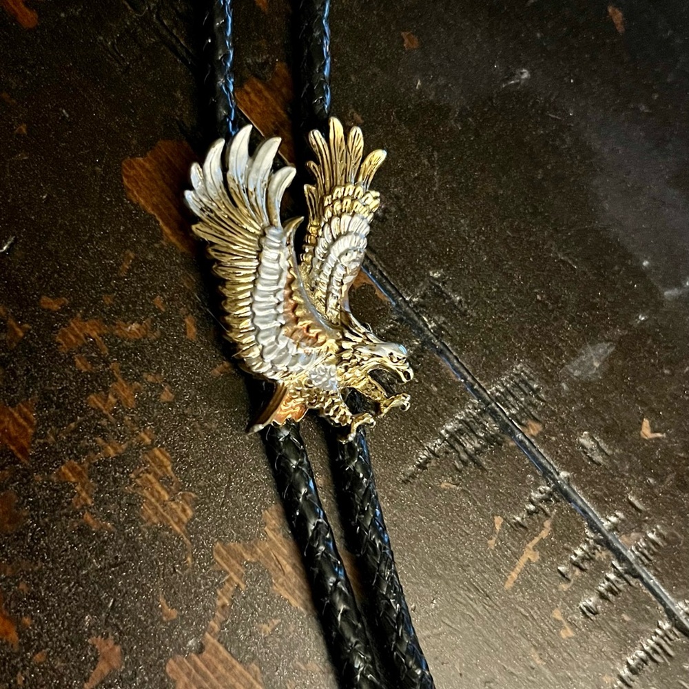 Vintage Men’s Cowboy Western Bolo Bald Eagle Slide Silver Metal Tips